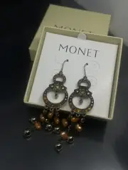 VTG Signed Monet Bronze Tone Beads Rhinestones Chandelier Drop Hook Earrings NIB
