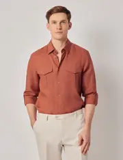 Hawes & Curtis Rust Pure Linen Slim Safari Shirt Size: XL