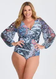 [Taking Shape] Taking Shape Indigo Tiles 2-way Swimsuit Size 26 in Print - Plus Size Women's Clothing Print