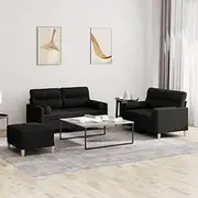 3 Piece Sofa Set with Pillows,Black Fabric, 2 Seater Sofas and Footstool,Ideal for Living Room,Small Spaces,Sectional Couch with Comfortable Seat and Sturdy Frame,Includes Cushions and Throw Pillows