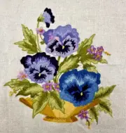 Elsa Williams Crewel Embroidery Bowel Of Purple Pansies Finished Piece