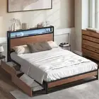 Oikiture Metal Bed Frame Queen Double King LED Headboard Storage Drawers USB