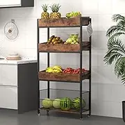 4-Tier Wooden Fruit and Vegetable Basket Stand Rack with Adjustable Feet and Wheels – Multi-Purpose Food Organizer for Kitchen, Office, Shop, and Supermarket
