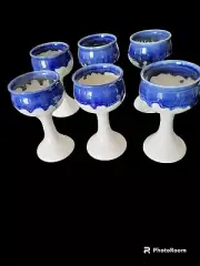 6 Beautiful Glazed Pottery Goblets - White and Blue - Unique One of Kind