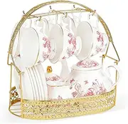 [fanquare] Vintage Porcelain Tea Set with Holder, 22 Piece Red Floral New Bone China Tea Coffee Gift Sets for Wedding Birthday, 6 Tea Cup and Saucers for Women Tea Party