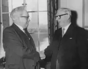 Isaac Hayward shakes hands with Herbert Morrison OLD PHOTO