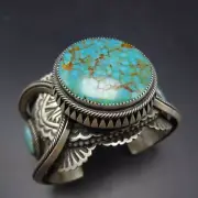 Leander Tahe NAVAJO Heavy Hand Stamped Sterling Silver TURQUOISE Cuff BRACELET