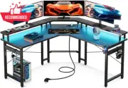 L-Shaped Gaming Desk w/ LED Lights & 2 USB Ports - Monitor Surface, Workstation