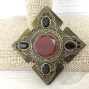 Patrice Brooch Faceted Carnelian Black Onyx Antique Brass German Resin