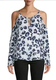 NEW Parker Blouse Women's XS Blue Monet Animal Print Cold Shoulder Long Sleeve