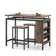 Costway 3PCS Dining Table Set 3-Tier Storage Counter Height Shelves Kitchen Organiser w/2 Bar Stools Rustic Brown