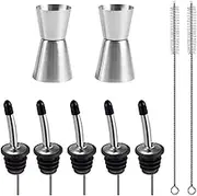 5 Pack Stainless Steel Liquor Pour Spouts Set & 2 Double Jiggers, SourceTon 5 Liquor Pour Spouts + 5 Dust Caps Covers + 2 Cleaning Brush + 2 Double Jiggers for Cocktail Making