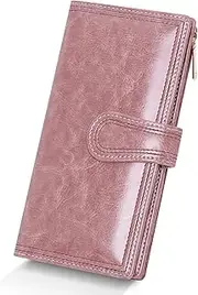 [YOUBDM] Leather Wallets for Women Large Capacity Credit Card Holder Ladies Travel Clutch Purse Bifold Oil Wax Wallet with Zipper Pocket, Pink, Vintage