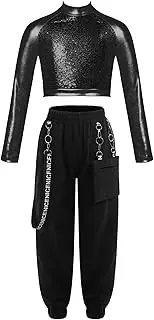 [Lejafay] Girls Hip Hop Dance Clothes Set Sequins Crop Tops with Cargo Pants Kids Street Dance Outfits