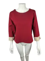 Sandro Ferrone Burgundy Red Beige Trim Viscose 3/4 Sleeve Top Size L
