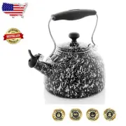 Traditional 1.7 Qt Whistling Tea Kettle - Vintage Enamel on Steel for All Stoves