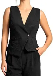 [Amazhiyu] Womens Linen Blend Waistcoat, Ladies Sleeveless Linen Blend Waistcoat Button Down V Neck Crop Top Summer Vest Coat, Irregular Hem Waistcoat