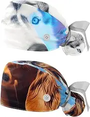 [YTYVAGT] 2-Pc,Nurse Scrub Caps,Scrub Hats with Buttons and Cotton Sweatband,Dog Animal Wolf