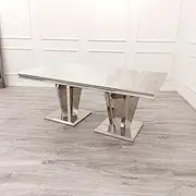 Modern 1.8m Dining Table with Double Mirrored Pedestal Base; Marble or Glass Top Options; Seats 6; Elegant Design (White Marble)