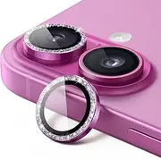 JETech Camera Lens Protector for iPhone 16 6.1-Inch and iPhone 16 Plus 6.7-Inch, Bling Glitter Individual 9H Tempered Glass Metal Ring Cover, HD Clear, 1 Set (Pink)