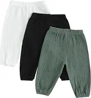 [Carolilly] 3 Pack Unisex Toddler Baby Harem Trousers, Cotton Breathable Spring Summer Elastic Waist Harem Pants