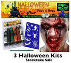 Halloween Face Paint set x 3 + Glow In The Dark + Blood +Stencil Special Offer