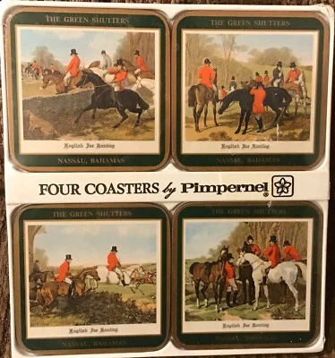 Fox Hunt Hunting Set 4 Cork Backed Coasters Green Pimpernel New Nassau Bahamas