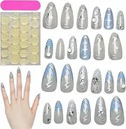 Blue Press on Nails - Full Cover Stick on Nails,Manicure Stickers, Women Hand Beauty Supplies, Glue on False Accessories for Home School