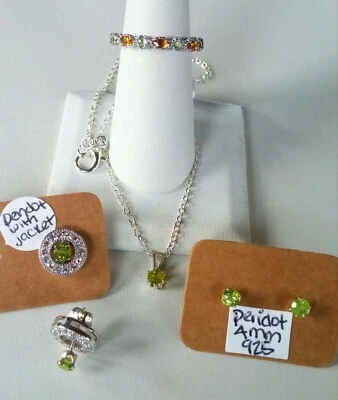 (4-SET) Genuine Peridot Ring, 2-Studs & Necklace all .925 Sterling Silver