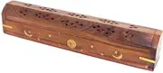 Govinda - Wooden Coffin Incense Burner - 12 Sun Moon Star- Brass Inlays - Storage Compartment