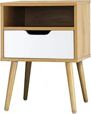 OIKITURE Wooden Nightstand with Drawer - Bedside Table with Shelf Space Storage, Handle-Free, Modern End Table for Bedroom Living Room Garden Balcony, 40KG Load Capacity, White