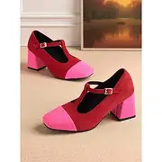 Women's French Style Red and Pink T-Strap Block Heel Mary Jane Pumps - Retro Comfortable Walking Shoes for Afternoon Tea, Parties, Office, and Daily Outfits