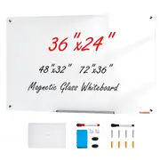 Magnetic Glass Whiteboard, Dry Erase Board 36"x24", Wall-Mounted Large White Glassboard Frameless, with Marker Tray, an Eraser and 2 Markers, White