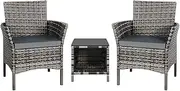 ALFORDSON 3pcs Outdoor Patio Furniture Garden Bistro Set, Wicker Lounge Sofa Chair and Glass Coffee Table 3 Pieces Setting, Conversation Armchair Set with Steel Frame and Cushions, Mixed Grey