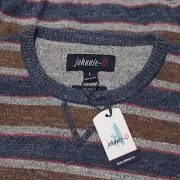 Johnnie-O NWT Cy Pullover Crew Neck Sweater Size L Blue/Brown/Gray/Red Stripes