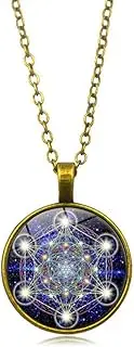 [NEPOMI] Metatron's Cube Pendant Necklace, Flower of Life Spiritual Necklace, Unisex, Zinc Alloy, Glass, 18'' Chain + 2'' Extender, Gift Box