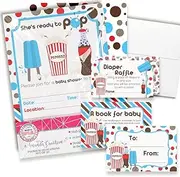 Baby Shower Invites for Girls – Ready To Pop Baby Shower Invitation Bundle with Diaper Raffle Tickets, Book Request Cards & Envelopes. Set of 20 5X7 Soda & Popcorn Pop On Over Invitation Kit Sets