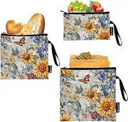 Fall Flowers Sunflower Peony Butterflies Bees Birds Silver_4 3-Pack Reusable Sandwich Snack Bag Multi-Use Food Storage Bags for Candy, fruits, Cereal, Home Organization