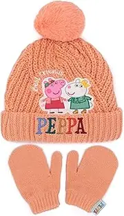[Peppa Pig] Hat and Mittens Set Kids | Children Toddlers Girls Peach Peppa Suzy Sheep Winter Double Lined Beanie Gloves | One Size Hat, Pink, One Size