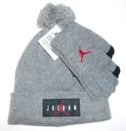 New Air Jordan Jumpman Cuffed POM Beanie & Glove Set Youth Size Gray S51