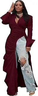 [RanRui] 2024 Women's Vneck high Side Split Cocktail & Wedding Guest Dresses Sexy Deep V Side Fit Slim Dress, Burgundy, Small