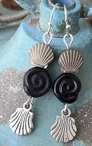 Etched Silver, Black and Bronze Shell Dangle Earrings. Beach.