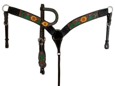 Hand Painted Sunflower and Cactus One Ear Headstall & Breast Collar & Reins NEW