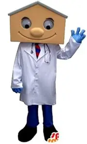 SpotSound Amazon mascot of doctor in lab coat, with a head in the shape of a house