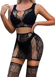 [Generic] Women Sexy Cut Out Lingerie Set - Outfit Fishnet Top Sheer Dress Mesh Stocking Cover Suit Club