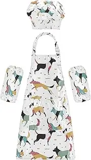 AIXIWAWA Kids Apron Chef Hat Set, Child Kitchen Bib Aprons Adjustable for Cooking Baking Painting (Colored Hunting Dogs)