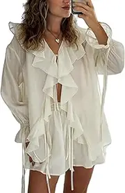 [RISCUYY] Two Piece Sets for Women Sexy Long Sleeve V Neck Lace Up Oversized Top and Short Pants Matching Sets Clothing