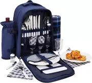 Backpack Picnic Bag With Cooler Compartment Cutlery Set Bottle Holder Blanket
