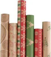 RUSPEPA Christmas Wrapping Paper - Brown Kraft Paper with Red and Green Pattern