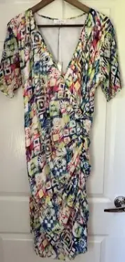 BNWT RRP $169 colourful dress 16 stretch fabric rouching V Neck Faux Wrap Top